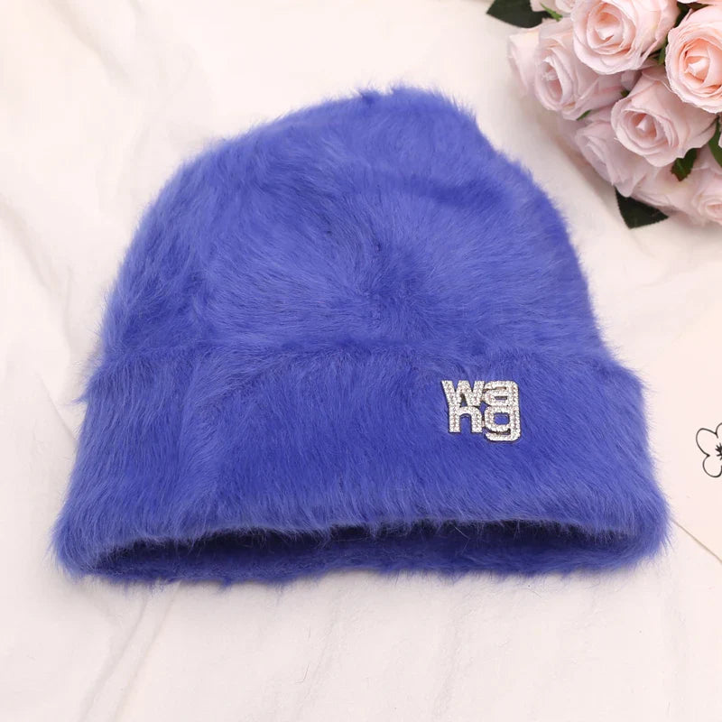 maoxiangshop New Fashion Rabbit Fur Y2k Beanies for Women Soft Warm Fluffy Angola Winter Hat Female Windproof Bonnet Hat Skullies Cap