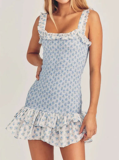 Chu Sau beauty New Summer Fashion Sweet Floral Print Elastic Tight Mini Dress Cute Chic Ruffles Sexy Backless Straped Dresses