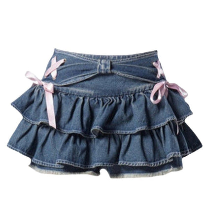 maoxiangshop Japanese Y2k Denim Skirt Mini Women Kawaii Elastic Waist A-line Patchwork Cute Sexy Ruffles Jeans Skirt Shorts Summer