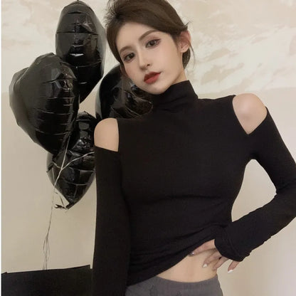maoxiangshop Autumn Korean Fashion Y2K T-shirt Woman Japanese Turtleneck Sexy Tee Shirt Women Off Shoulder White Vintage White Tops Clothes