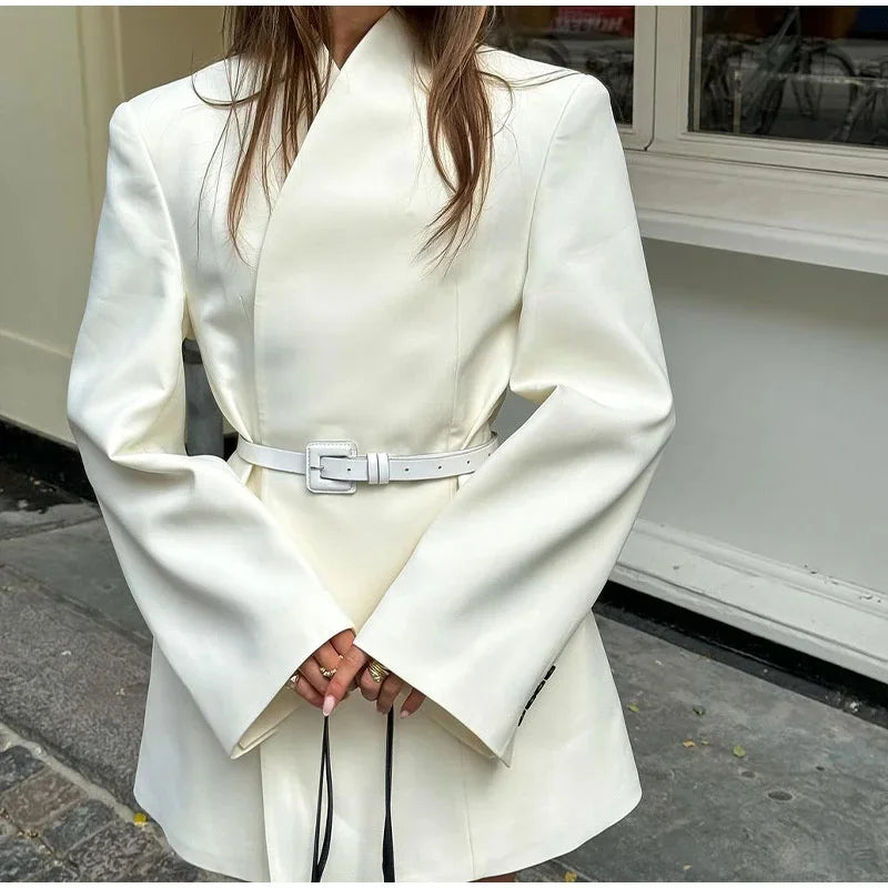 maoxiangshop  -  White Stand Collar Double Pocket Jacket Women Fashion Long Sleeve Cuff Button Blazer Coat 2024 Autumn Elegant Office LadyOutwear