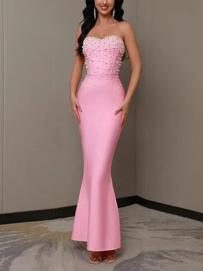 maoxiangshop  Summer New Pink Women's Sexy Luxury Strapless Pearl Beaded Mermaid Bandage Long Dress Bodycon celebrity Party Evening Dress