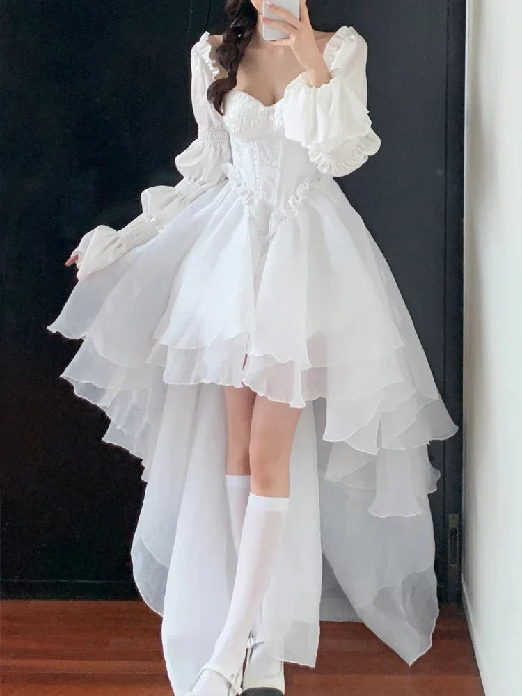 maoxiangshop Pure Color Fairy Midi Dress Women White Elegant Evening Party Dress Beach 2024 Spring Casual Long Sleeve Fashion Dress Korean