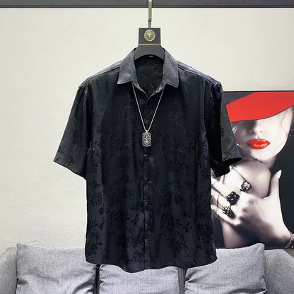 maoxiangshop Men High Quality Vintage Flower Casual Streetwear Y2K Button Shirts Trendy Lapel Black White Loose Short Sleeve Tops Ropa Hombre