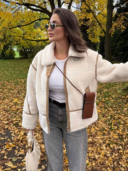 maoxiangshop  -  Vintage Lamb Wool Lapel Jackets Women Casual Warm Plush Zipper Pockets Jacket Coats Female Winter Chic High Street Outwear