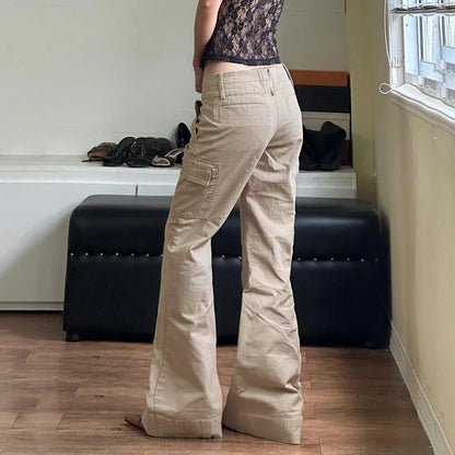Streetwear Vintage Low Rise Women Jeans Solid Pockets Cargo Style Flared Pants Denim Y2K Aesthetic Trousers Clothing