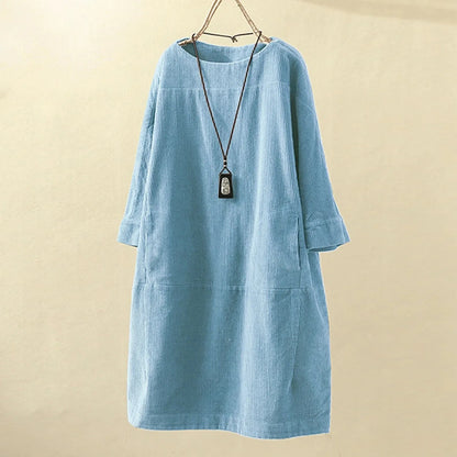 maoxiangshop Women Vintage Pockets Corduroy Solid Color Long Sleeve Loose Casual Dress vestido feminino party dresses Women's dress