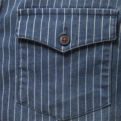maoxiangshop Cotton Men Denim Shirts Striped Stretch Long Sleeve High Quality Jeans Shirts for Men Casual Slim Cowboy Shirts Man