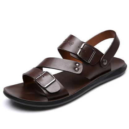 maoxiangshop Comfortable Men's Sandals Solid Color Open Toe Mens Leather Sandals New Slippers Beach for Male Leather Footwear