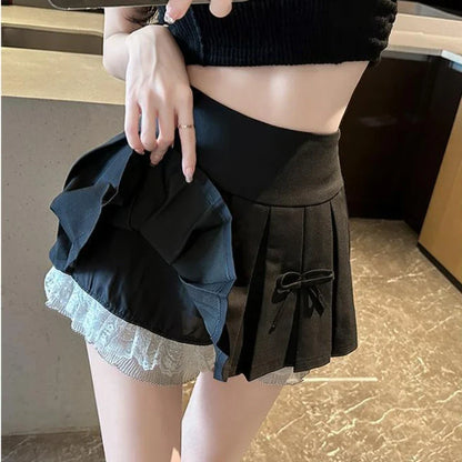 maoxiangshop Preppy Style Pleated Skirt Women Korean Fashion A-line Slim Bows Lace Patchwork Faldas Mujer Cute Sexy Mini Skirt Y2k