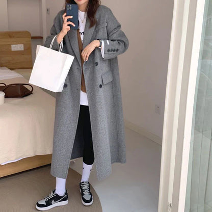 maoxiangshop Winter Thick Office Lady Long Wool Coat Elegant Fashion Faux Wool Jacket Women Simple Grey Long Sleeve All Match Outwear