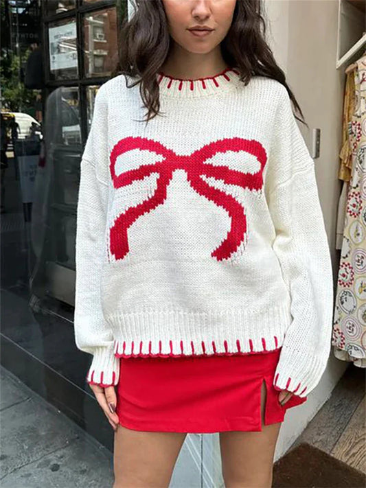 maoxiangshop  -  Bow Jacquard Loose Sweater Women's Autumn/Winter Casual Color Contrasting Knitted  Knitted Pullovers Fashion Streetwear