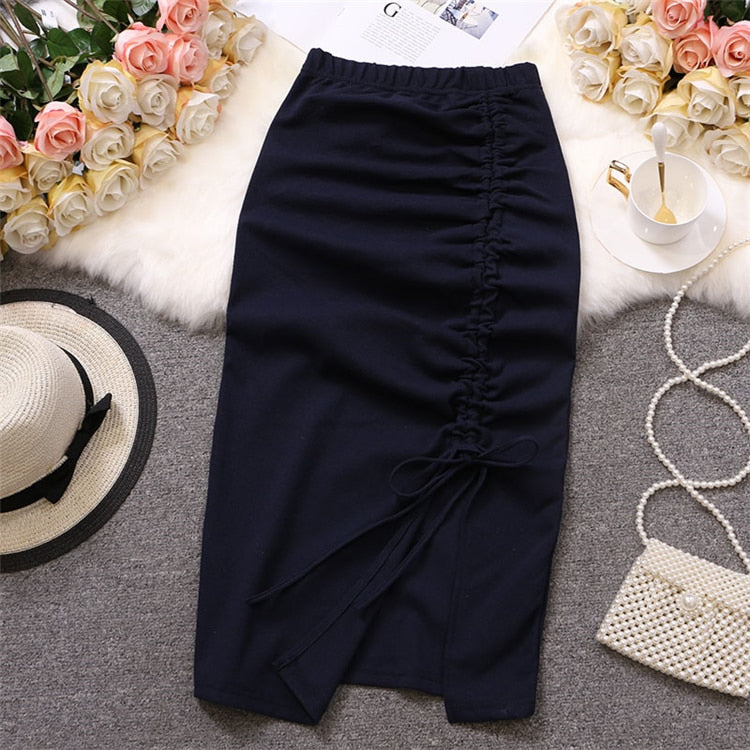 maoxiangshop Women Solid Drawstring Sheath Skirts Elastic High Waist Female Fashion Bodycon Irregular Midi Pencil Skirts