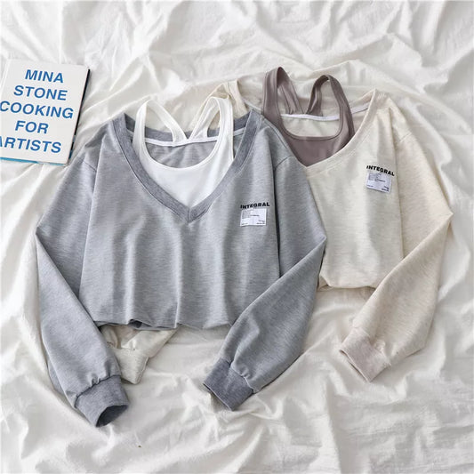maoxiangshopKorean Fashion Women Fake Two Pieces Strapless Crop Top Preppy Style Harajuku Swearshirt Loose Casual Pullovers Blouses New