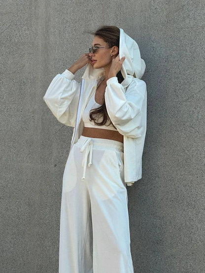 maoxiangshop Casual 3 Piece Sets Women Zipper Hooded Jacket+vest+drawstring Wide Leg Pants Sets Autumn Winter New Street Fashion Sport Suits