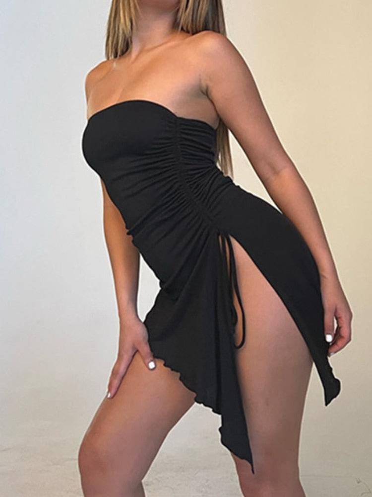 maoxiangshop Sexy Elegant Dress Off One Shoulder Drawstring Tunic Bodycon Dress Women Folds Skinny Sheath Dress Club Party Vestidos