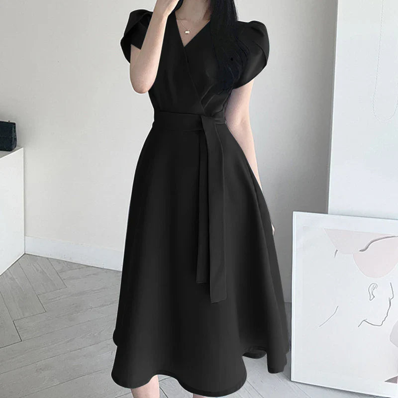 maoxiangshop Women Fashion OL Work Sundress Elegant Summer Short Sleeve Dress Casual Solid A Line Vestido Kaftan Sarafans Robe Femme