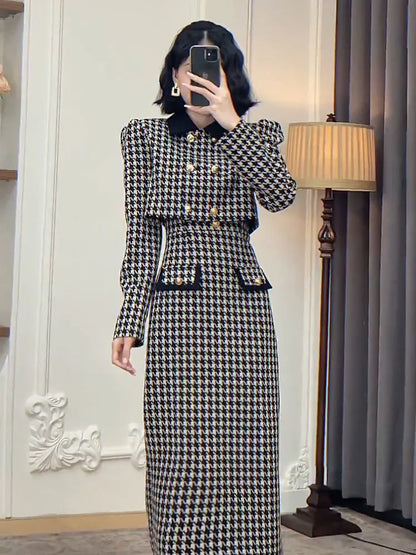 Summer Spring New 2 Piece Elegant Skirt Suit Short Jakcet+Long Plaid Skirt Dresses Two Piece Outfits