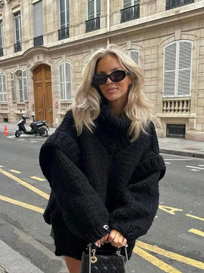 maoxiangshop  -  Women Solid Knit Turtleneck Pullover Lantern Sleeve Thick Warm Oversized Loose Top Sweater Fall Winter Female Knitwear