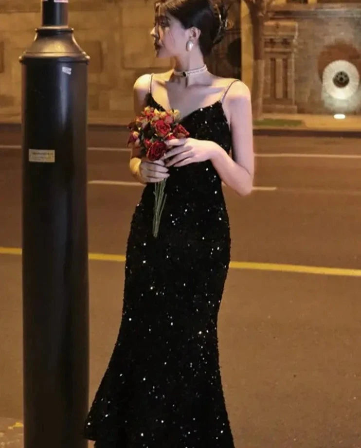 Elegant Sequin Night Club Dresses for Women Sexy Backless Spaghetti Strap Summer Vestidos Vintage Solid Slim Midi Dress Spring