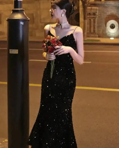 Elegant Sequin Night Club Dresses for Women Sexy Backless Spaghetti Strap Summer Vestidos Vintage Solid Slim Midi Dress Spring