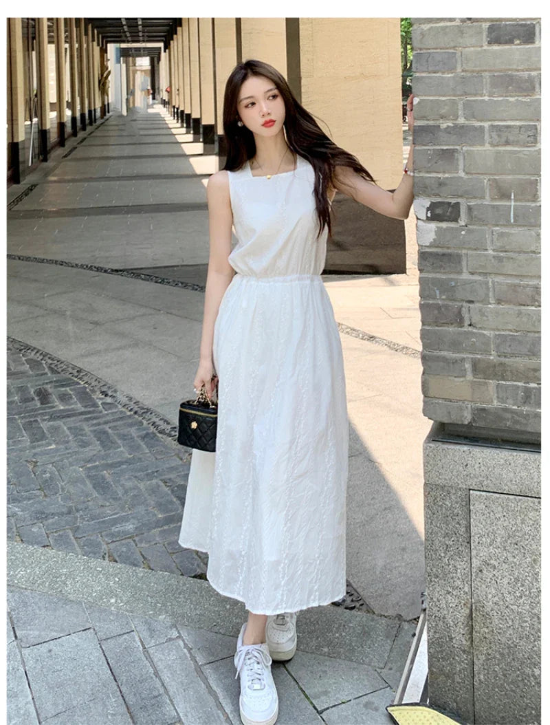 maoxiangshop Summer Square Collar Embroider White Dress Women Elegant Party Solid Drawstring Female Sundress Fashion Chic Midi Dresses