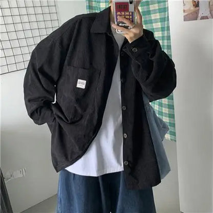 maoxiangshop Men's Corduroy Long Sleeve Shirts Autumn Korean Shirt Unisex Fashion Casual Oversize Shirt Printed Clothing