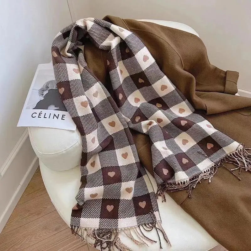 maoxiangshop Luxury Brand Women Knitted Heart-pattern Plaid Scarf Lovey Girl Winter Warm Scarves College Leisure Shawl Wraps