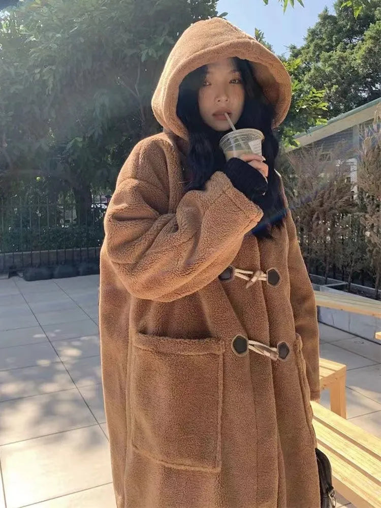 maoxiangshop Winter Fleece Jacket Women Korean Fashion Lamb Wool Long Coat Female Vintage Casual Long Sleeve Horn Button Hooded Outerwear