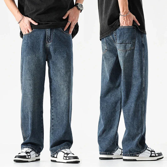 maoxiangshop Baggy Jeans Men Wide Leg Pants Dark Blue Denim Pants Straight Cut Oversize Pants Korean Style Trousers For Men Clothing