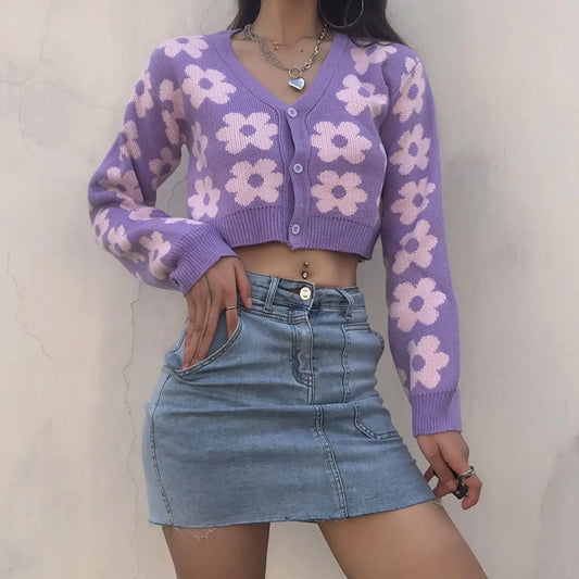 maoxiangshop  -  Autumn Winter Women Vintage V Neck Floral Embroidery Cardigan Office Lady Kawaii Sweaters Long Sleeve Knitted Cardigans Female
