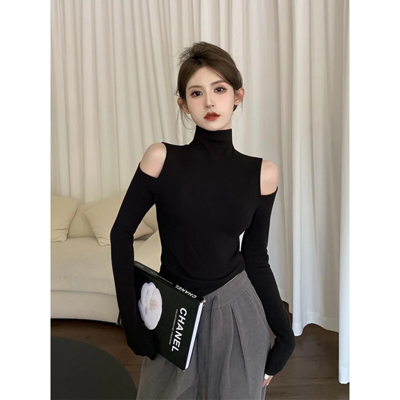 maoxiangshop Autumn Korean Fashion Y2K T-shirt Woman Japanese Turtleneck Sexy Tee Shirt Women Off Shoulder White Vintage White Tops Clothes
