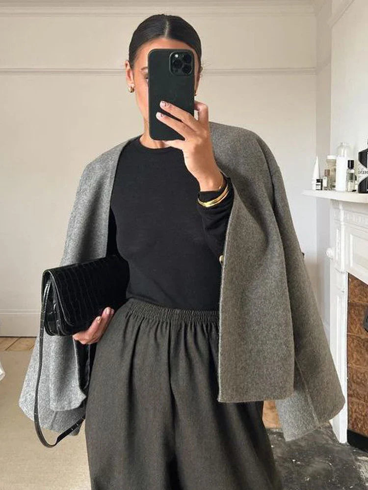 maoxiangshop  -  Woolen Coat Women Grey Autumn Winter Crop Overcoat Lady Elegant Fashion Long Sleeve Jacket Female Casual Loose V-Neck Coats