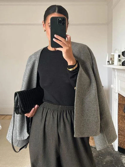 maoxiangshop  -  Woolen Coat Women Grey Autumn Winter Crop Overcoat Lady Elegant Fashion Long Sleeve Jacket Female Casual Loose V-Neck Coats