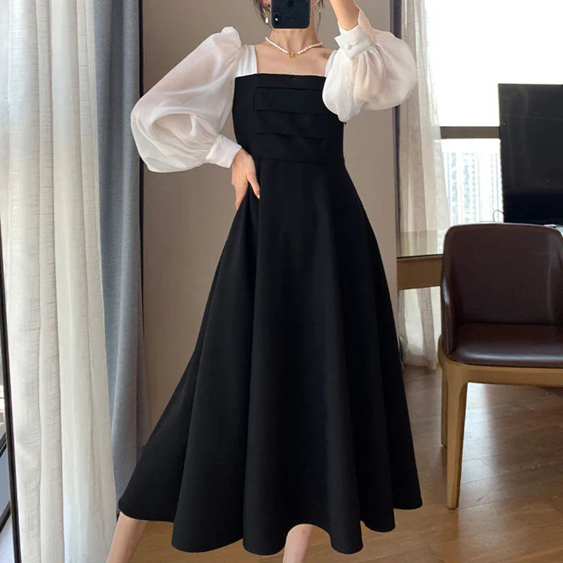 Korean Black Dress Women Elegant Fashion Summer Office Ladies High Waist Dress Chiffon Patchwork Square Collar A Line Vestidos