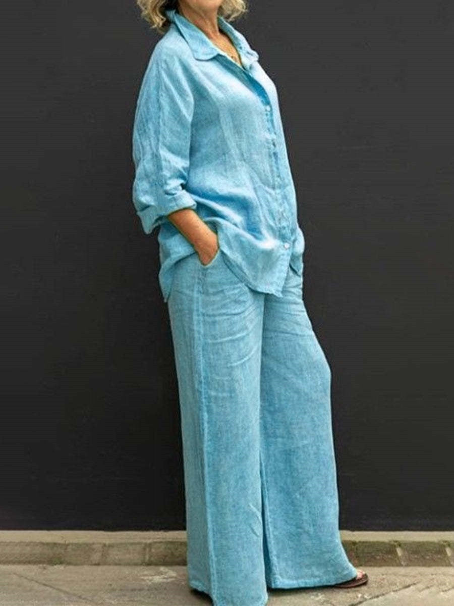 maoxiangshopWomen Cotton Linen Suits  Elegant Solid Long Sleeve Shirt Wide Leg Trousers Two Piece Set Female Casual Straight Pants Suits