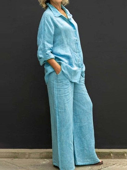 maoxiangshopWomen Cotton Linen Suits  Elegant Solid Long Sleeve Shirt Wide Leg Trousers Two Piece Set Female Casual Straight Pants Suits