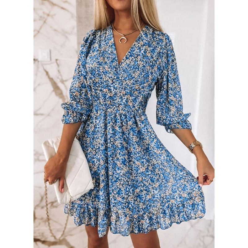 maoxiangshop Women Summer Fashion Bohemian Dress Nipped Waist Pullover Deep V Neck Beach Dress Print Short-sleeve Floral Bright Dress