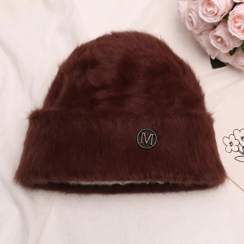 maoxiangshop New Fashion Rabbit Fur Y2k Beanies for Women Soft Warm Fluffy Angola Winter Hat Female Windproof Bonnet Hat Skullies Cap