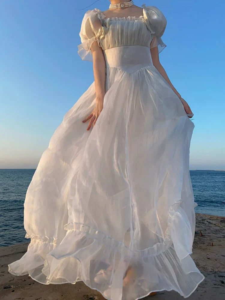 maoxiangshop-French Elegant Princess White Dress Women Sexy Backless Sweet Vintage Lolita Dress Female 2022 Korean Casual Long Fairy Dresses