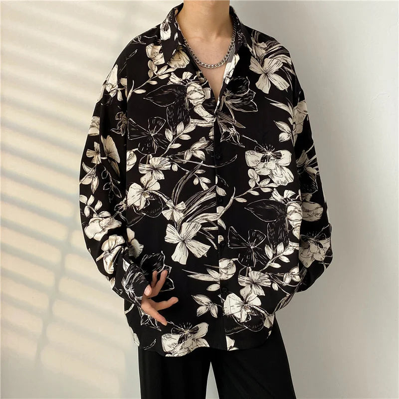 maoxiangshop Spring Black Long-sleeved Shirt Men Fashion Society Mens Dress Shirt Korean Loose Casual Flower Shirt Mens Print Shirt M-3XL