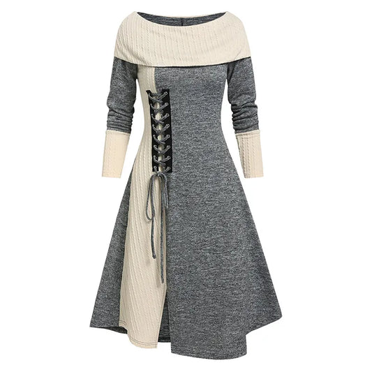 maoxiangshop Colorblock Lace Up Foldover Dress Two Tone Knitted Fashion Daily A-Line Boat Neck Long Sleeves Midi Robe For Women Fall Spring
