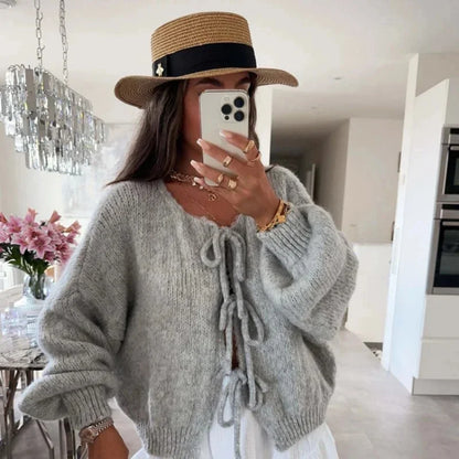 maoxiangshop  -  Fashion Lace Up Bow Knitted Cardigan Woman O Neck Long Sleeve Hollow Out Sweater Coat Autumn Female Casual High Street Knitwear
