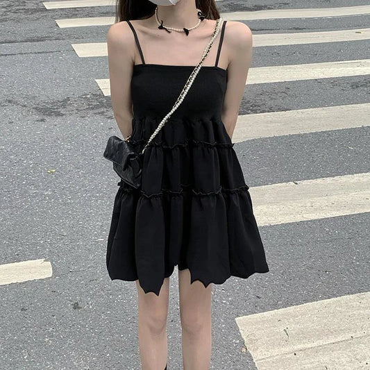 maoxiangshop Fashion All-Match Fluffy Dress Women Korean Waist-Tight Spaghetti Strap Agaric Edge Black Dresses Woman Summer Prom Gown