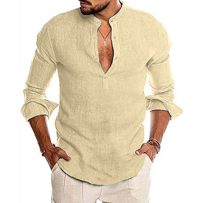 maoxiangshop Mens Button Down Shirt Linen Cotton Shirts Casual Long Sleeve Spread Collar Lightweight Beach Solid Color Tops