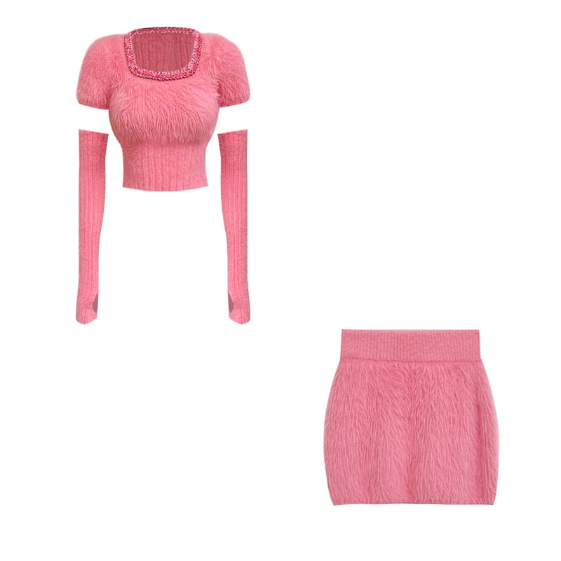 Faux Fur 2 Piece Dress Set Women Casual Y2k Crop Tops + Mini Skirt Female 2023 Spring Elegant Knitted Suit Korea Fashion Bodycon