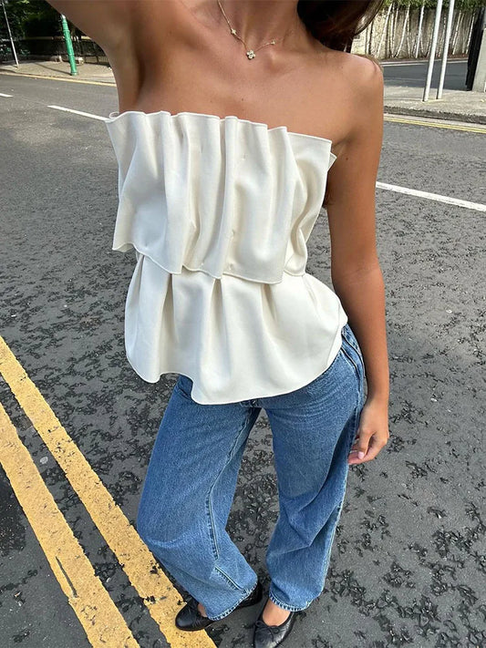 maoxiangshop  -  Solid Folds Tank Top Women Autumn Slim Sleeveless Cute Tops Women's Club Sexy Low Cut Street Fashion Femme Clothing