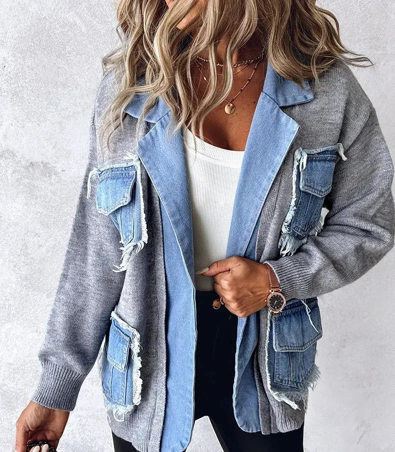 maoxiangshop Raw Hem Cardigan Women Sweaters Patchwork Notched Collar Knitted Denim Jackets Jumpers Pockets Thick Coats Autumn Winter Outwear