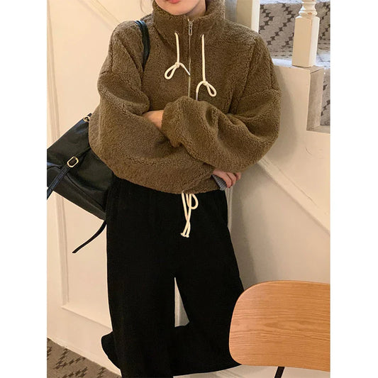 maoxiangshop  -  Cropped Lamb Wool Coat Women Streetwear Stand Zipper Short Jacket Winter Korean Solid Simple Warm Casual All Match Outerwear New
