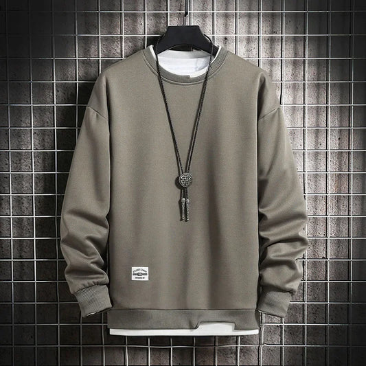 maoxiangshop Mens Casual Sweatshirts Fashion Fake Two Pieces O Neck Hoodies Men Harajuku Streetwear Tops Spring Autumn Solid Male Sweatshirt